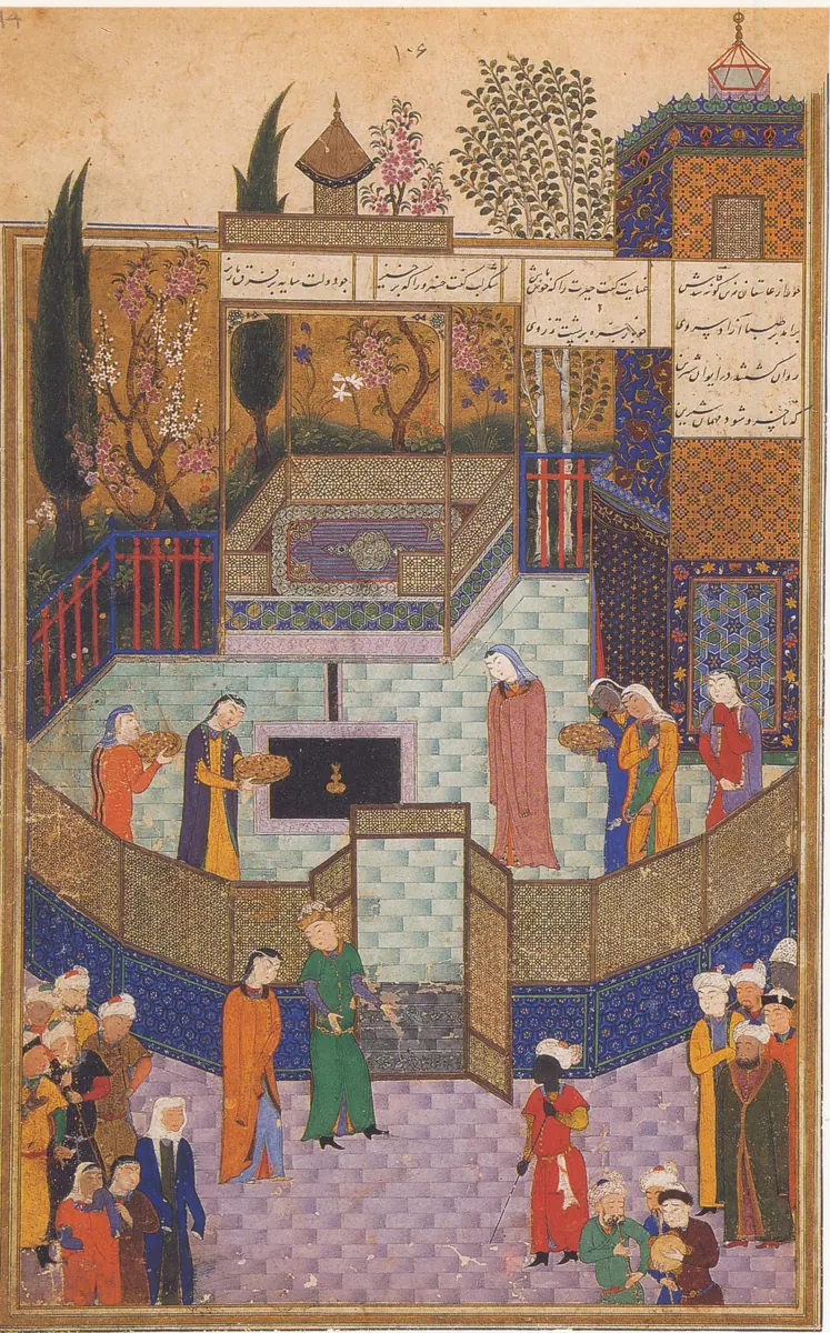 Emîr Hüsrev Dihlevî, Hamse, fol. shirin-receiving-khusrau-in-her-palace-cbl-ms-163-fol-54r. Chester Beatty (tarama: Wikimedia Commons)