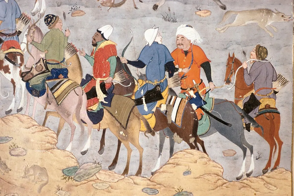 Emîr Hüsrev Dihlevî, Heşt Bihişt, fol. hunting-party-h-676. Topkapı Sarayı Müzesi Kütüphanesi (tarama: Wikimedia Commons)