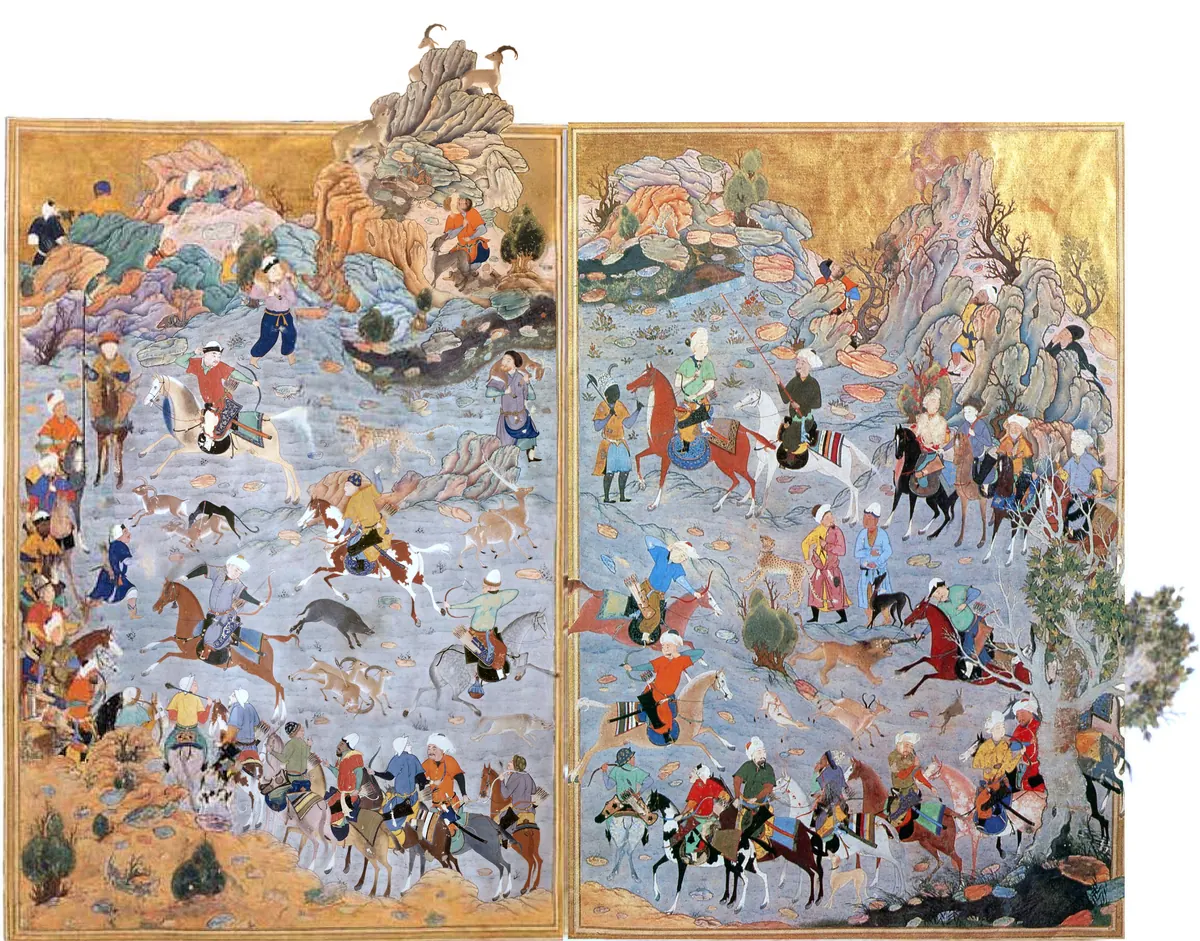 Emîr Hüsrev Dihlevî, Heşt Bihişt, fol. hunting-scene-from-the-hast-bahist-by-kamal-al-din-bihzad-he. Topkapı Sarayı Müzesi Kütüphanesi (tarama: Wikimedia Commons)