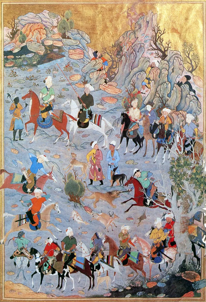 Emîr Hüsrev Dihlevî, Heşt Bihişt, fol. hunting-scene-from-the-hast-bahist-by-kamal-al-din-bihzad-he-2-2. Topkapı Sarayı Müzesi Kütüphanesi (tarama: Wikimedia Commons)