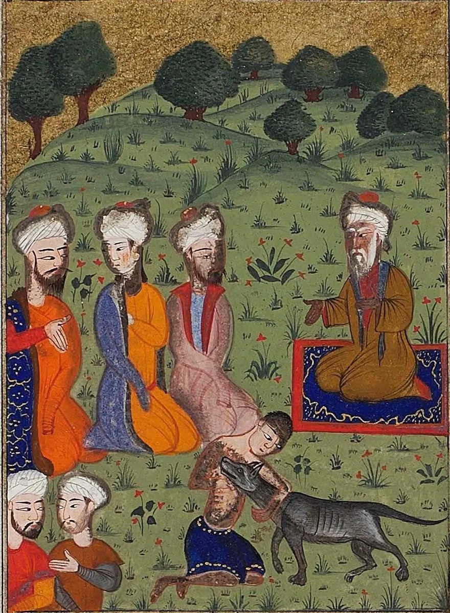Emîr Hüsrev Dihlevî, Hamse, fol. majnun-caring-for-a-wounded-dog-amir-khusrau-dehlavi-hest-bi. Topkapı Sarayı Müzesi Kütüphanesi (tarama: Wikimedia Commons)