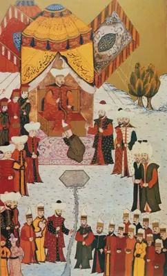 Yıldırım Bayezid’in Kosova’da cülusu; tam sayfa yüksek çözünürlük (yereldeki f096b bundan kırpılmış)