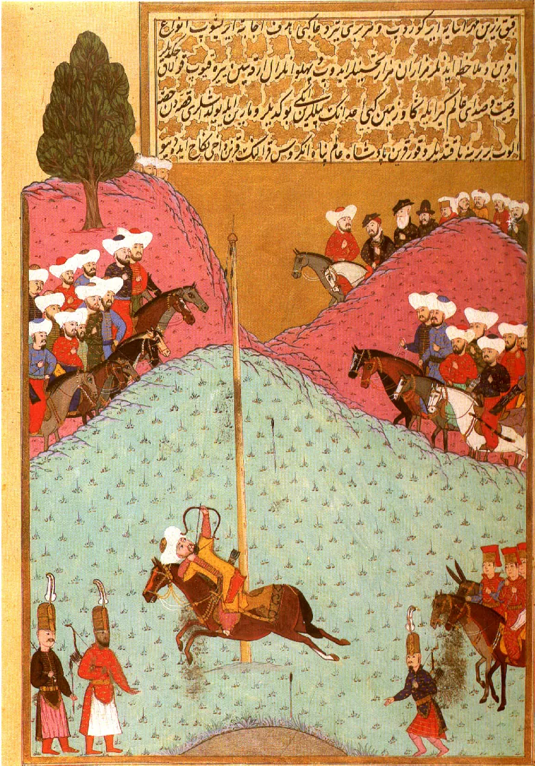 Marin adlı elçi ve maiyeti huzurunda II. Murad’ın hedefe üç defa ok atışı — Anafarta levha 27 — Hünernâme I minyatürü (Topkapı Sarayı Müzesi Kütüphanesi (tarama: Wikimedia Commons))