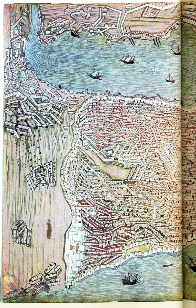 İstanbul haritası sol sayfa; Fehér 1978 taraması — Hünernâme I minyatürü (Topkapı Sarayı Müzesi Kütüphanesi (tarama: Wikimedia Commons))