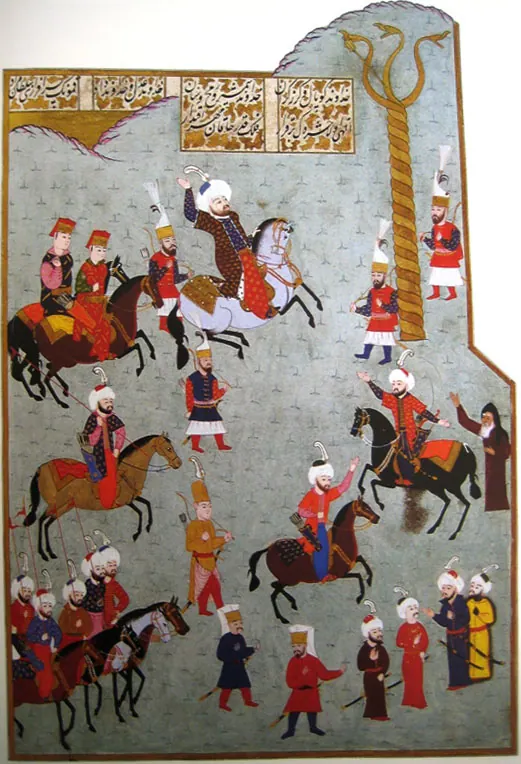 Fatih Sultan Mehmed’in Atmeydanı’ndaki Yılanlı Sütun’a şeşper atışı; düşük çözünürlük — Anafarta levha 28 — Hünernâme I minyatürü (Topkapı Sarayı Müzesi Kütüphanesi (tarama: Wikimedia Commons))