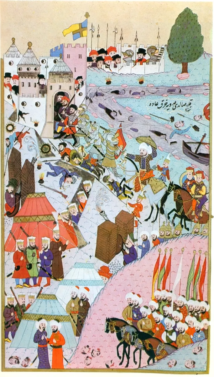 Fatih Sultan Mehmed’in Belgrad Kalesine hücumu (1456); Fehér, *Török miniatúrák* (1978) taraması — Anafarta levha 29 — Hünernâme I minyatürü (Topkapı Sarayı Müzesi Kütüphanesi (tarama: Wikimedia Commons))