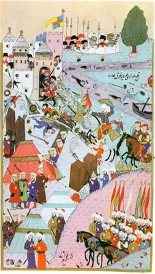 Fatih Sultan Mehmed’in Belgrad Kalesine hücumu (1456); Fehér, *Török miniatúrák* (1978) taraması — Anafarta levha 29