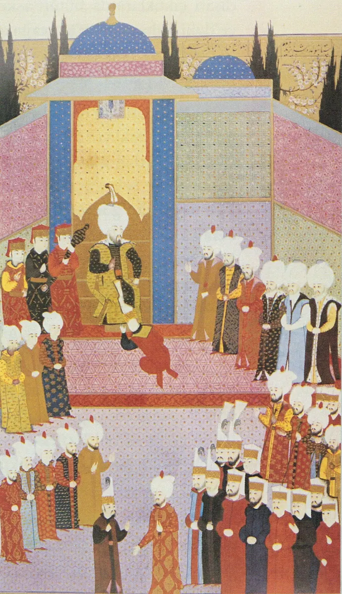 II. Bayezid’in cülusu (Karakaş 2022 §4.14) — Hünernâme I minyatürü (Topkapı Sarayı Müzesi Kütüphanesi (tarama: Wikimedia Commons))