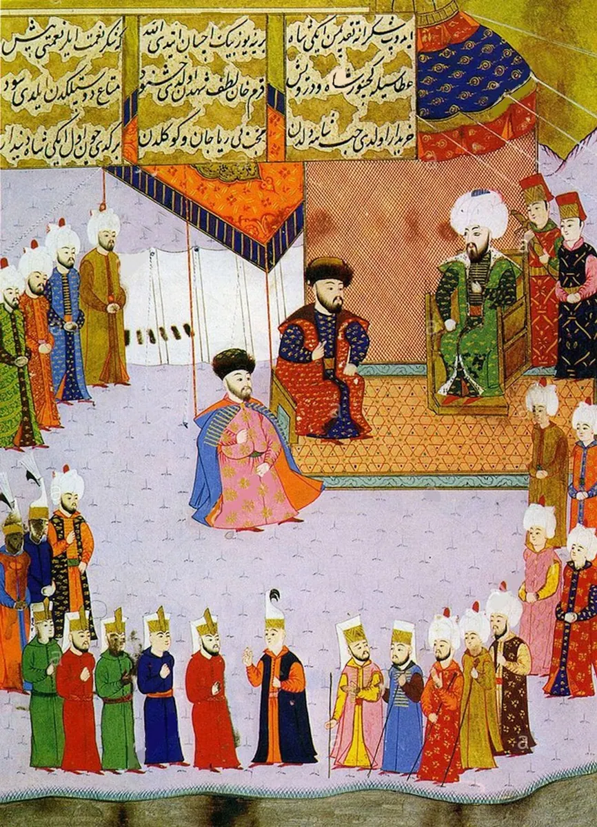 Mengli Giray Han sefere katılmak üzere II. Bayezid huzurunda — Anafarta levha 31 — Hünernâme I minyatürü (Topkapı Sarayı Müzesi Kütüphanesi (tarama: Wikimedia Commons))
