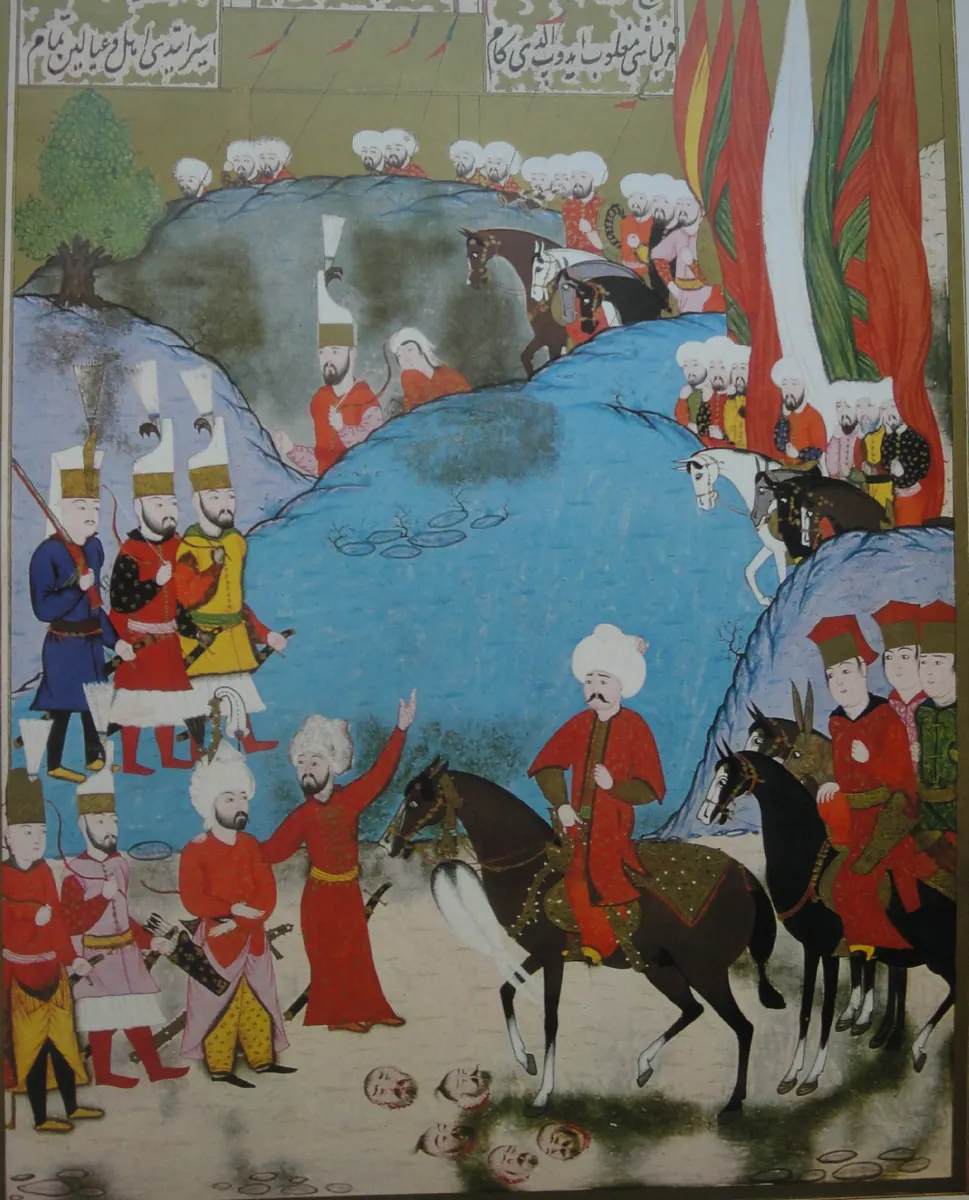 Yavuz Sultan Selim’in Kızılbaş seferinden dönüşü; IA taraması — Anafarta levha 42 — Hünernâme I minyatürü (Topkapı Sarayı Müzesi Kütüphanesi (tarama: Wikimedia Commons))