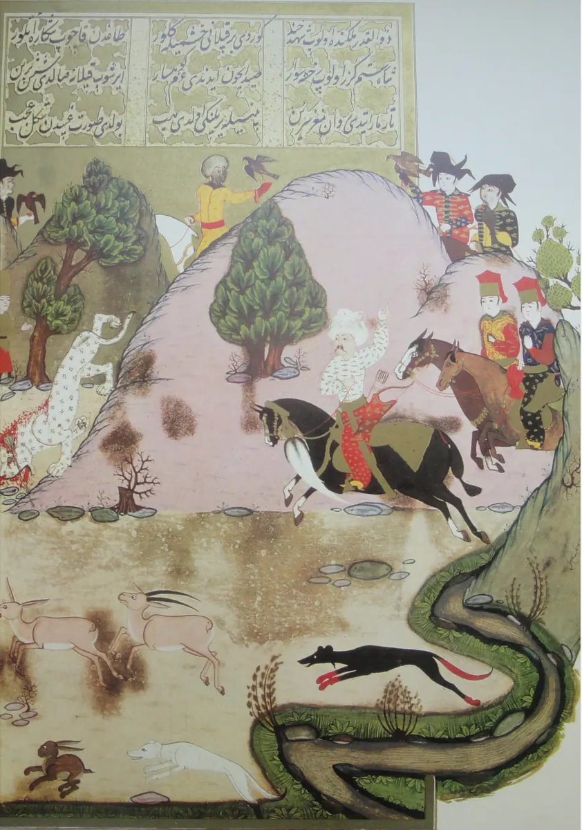 Yavuz Selim Küskün Deresi’nde kaplan avı (Alaüddevle seferi); IA hunername taraması — Hünernâme I minyatürü (Topkapı Sarayı Müzesi Kütüphanesi (tarama: Wikimedia Commons))