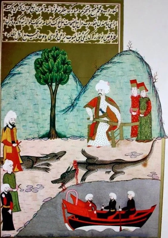 Yavuz Sultan Selim’in Nil kıyısında kılıcıyla timsah kesmesi; düşük çözünürlük — Anafarta levha 43 — Hünernâme I minyatürü (Topkapı Sarayı Müzesi Kütüphanesi (tarama: Wikimedia Commons))