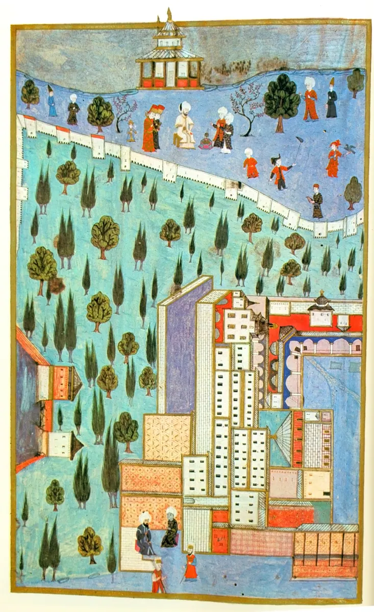 Topkapı üçüncü avlu, sol sayfa (Fehér taraması; yereldeki 231b–232a düşük çözünürlüklü çift sayfanın yüksek çözünürlüklü hali) — Hünernâme I minyatürü (Topkapı Sarayı Müzesi Kütüphanesi (tarama: Wikimedia Commons))