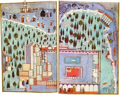 Topkapı üçüncü avlu; Yavuz Sultan Selim ok atarken (Karakaş 2022 §4.17–4.18)