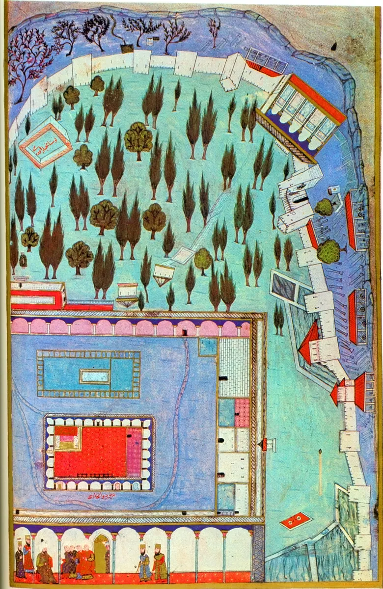 Topkapı üçüncü avlu, sağ sayfa (Fehér taraması) — Hünernâme I minyatürü (Topkapı Sarayı Müzesi Kütüphanesi (tarama: Wikimedia Commons))