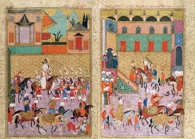 Süleyman’ın şehzadelerin 1530 sünnet düğünü için devlet ricaliyle At Meydanı’na gelişi (çift sayfa); Konak 2014 bu açılışı 102b–103a veriyor, arşivdeki f103b/f104a Commons numarası → doğrulanmalı — Konak 2014 foto 11