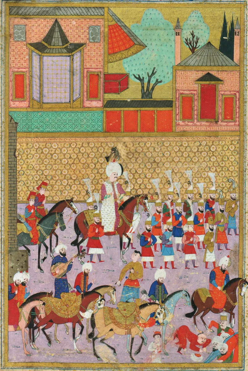 1530 şehzadeler sünnet düğünü; Konak 2014 foto 11 (102b–103a) ile aynı açılış; bu dosya açılışın sol yarısı — Hünernâme II minyatürü (Topkapı Sarayı Müzesi Kütüphanesi (tarama: Wikimedia Commons))