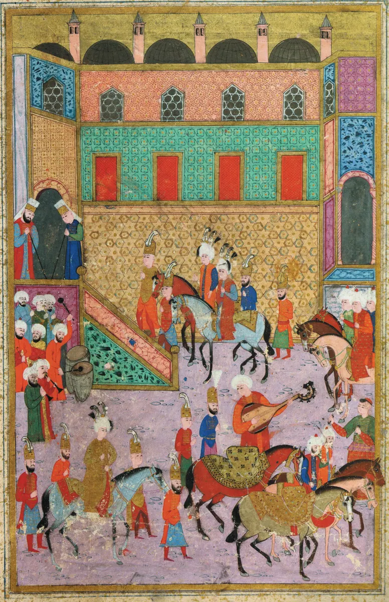 1530 şehzadeler sünnet düğünü; Konak 2014 foto 11 (102b–103a) ile aynı açılış — Hünernâme II minyatürü (Topkapı Sarayı Müzesi Kütüphanesi (tarama: Wikimedia Commons))