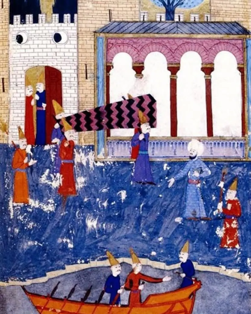 İbrahim Paşa’nın naaşının Topkapı’dan çıkarılması 1536; Konak 2014 foto 16 aynı minyatürü 164b veriyor → folio doğrulanmalı — Hünernâme II minyatürü (Topkapı Sarayı Müzesi Kütüphanesi (tarama: Wikimedia Commons))