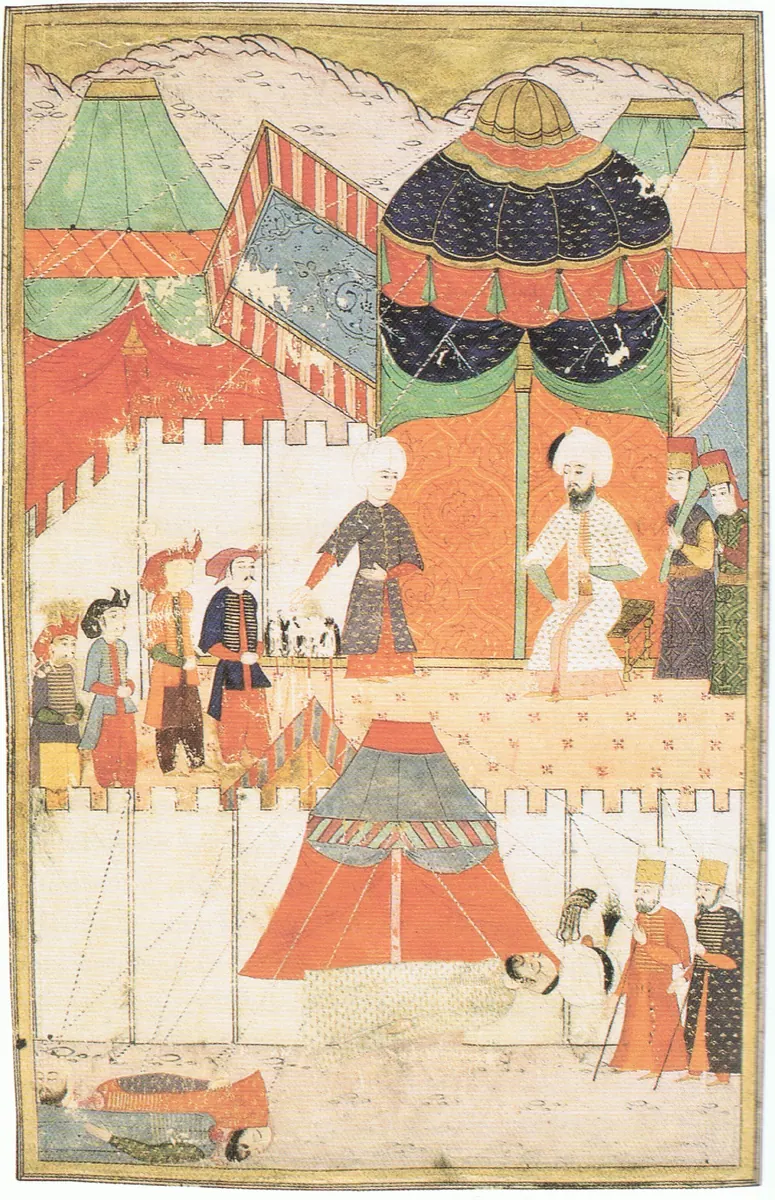 Şehzade Mustafa’nın naaşı — Hünernâme II minyatürü (Topkapı Sarayı Müzesi Kütüphanesi (tarama: Wikimedia Commons))