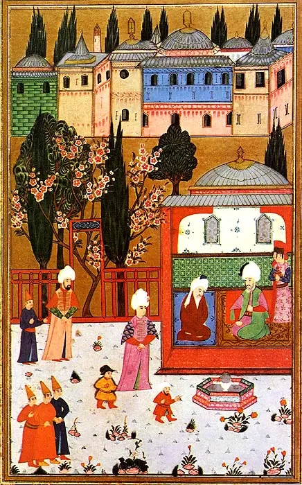 Süleyman’ın Şeyh Abdüllatif Efendi ile buluşması; Konak aynı başlığı 244b’ye de vermiş → doğrulanmalı — Konak 2014 foto 22 — Hünernâme II minyatürü (Topkapı Sarayı Müzesi Kütüphanesi (tarama: Wikimedia Commons))