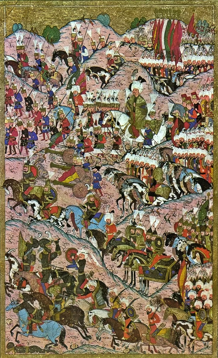 Mohaç Savaşı 1526 (Commons: Mohaç zaferinden sonra Süleyman); Fehér 1978 — Konak 2014 foto 36 — Hünernâme II minyatürü (Topkapı Sarayı Müzesi Kütüphanesi (tarama: Wikimedia Commons))