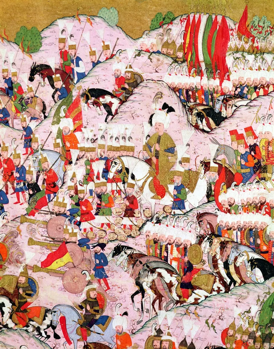 aynı Mohaç minyatürü, başka tarama — Konak 2014 foto 36 — Hünernâme II minyatürü (Topkapı Sarayı Müzesi Kütüphanesi (tarama: Wikimedia Commons))
