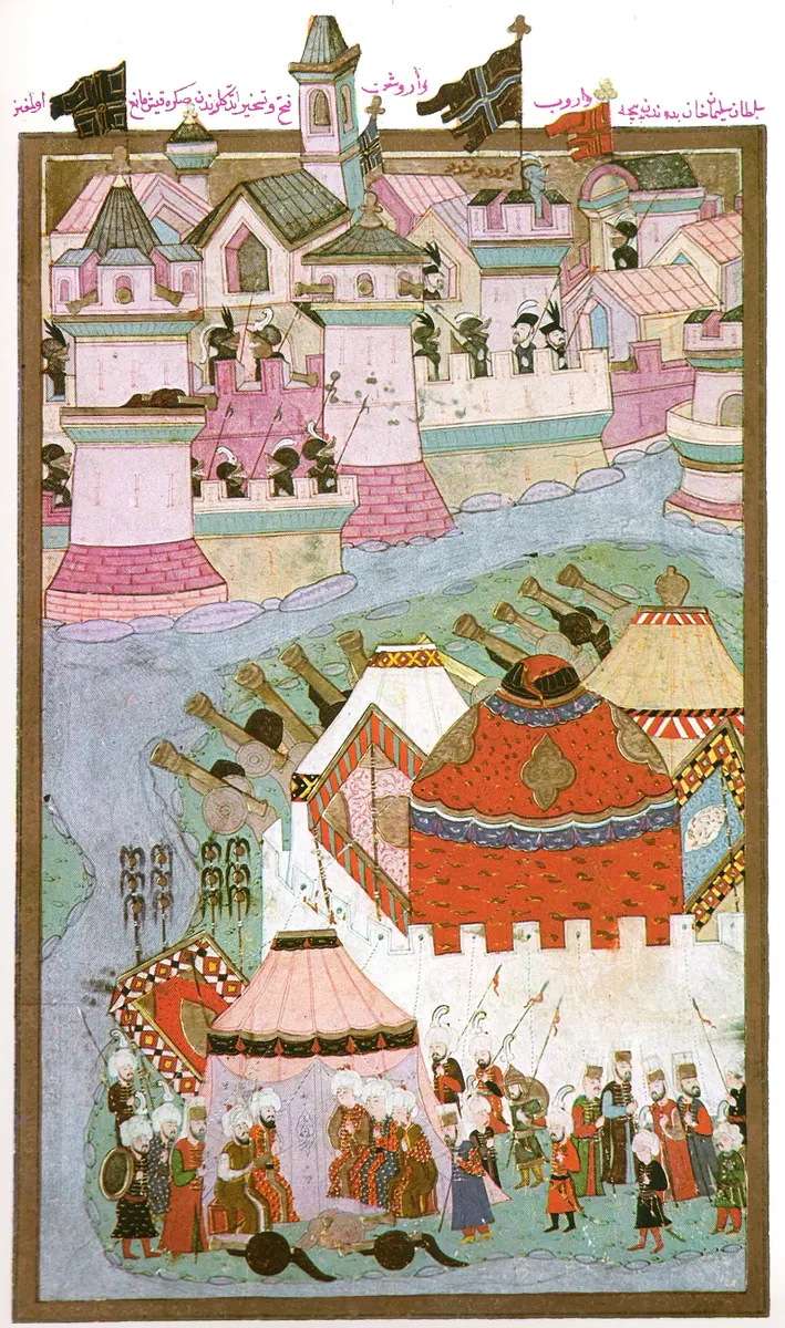 Viyana kuşatması 1529; Konak 2014 foto 37: Süleyman’ın Budin’e beylerbeyi ataması (Commons başlığı ‘Viyana kuşatması’) → sahne doğrulanmalı — Hünernâme II minyatürü (Topkapı Sarayı Müzesi Kütüphanesi (tarama: Wikimedia Commons))