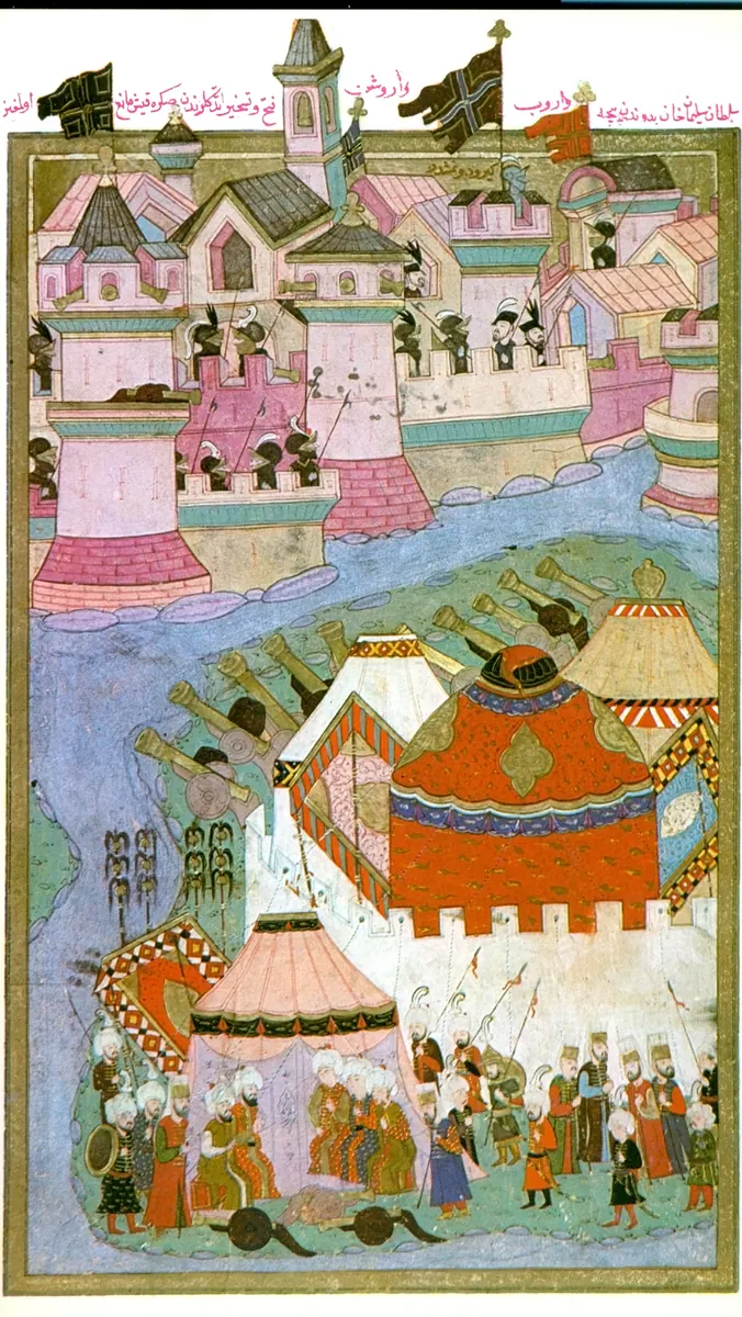 f257b ile aynı minyatür, başka tarama; Konak: Süleyman’ın Budin’e beylerbeyi ataması (Commons: Budin’in alınmasından sonra Süleyman 1529) — Konak 2014 foto 37 — Hünernâme II minyatürü (Topkapı Sarayı Müzesi Kütüphanesi (tarama: Wikimedia Commons))