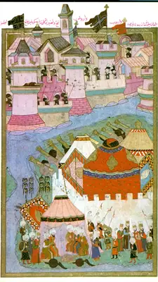 f257b ile aynı minyatür, başka tarama; Konak: Süleyman’ın Budin’e beylerbeyi ataması (Commons: Budin’in alınmasından sonra Süleyman 1529) — Konak 2014 foto 37
