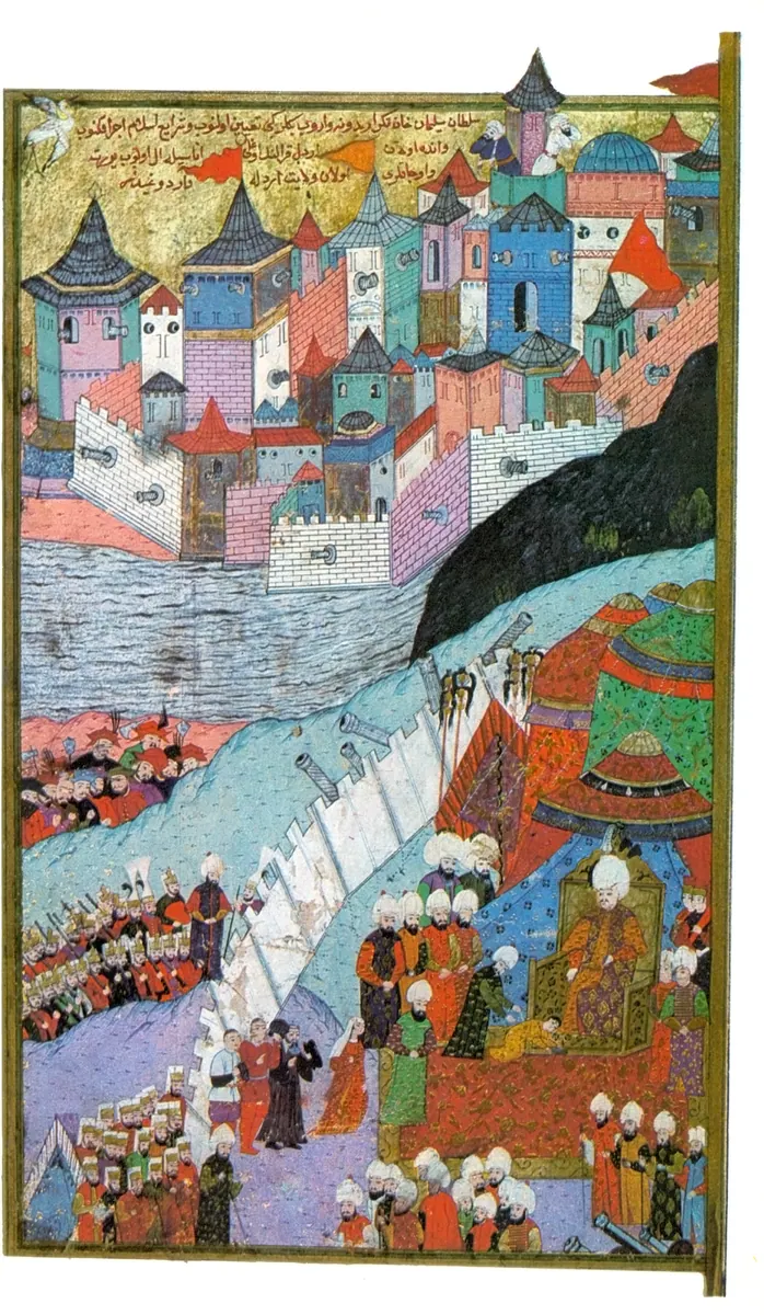 Süleyman’ın Budin’e beylerbeyi ataması; Izabella ve Yanoş Zigmund (1541); Fehér 1978 — Konak 2014 foto 44 — Hünernâme II minyatürü (Topkapı Sarayı Müzesi Kütüphanesi (tarama: Wikimedia Commons))