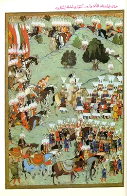Osmanlı ordusu Sigetvar önünde 1566 — 277b–278a çift sayfasının sol yarısı (sağdan sola ciltte 278a); Fehér 1978 — Konak 2014 foto 40