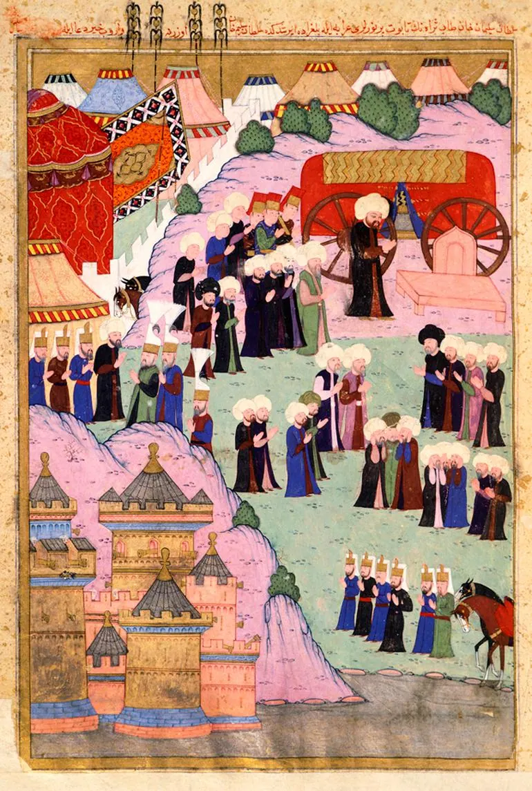 II. Selim’in Kanuni’nin naaşı başında dua etmesi — Konak 2014 foto 41 — Hünernâme II minyatürü (Topkapı Sarayı Müzesi Kütüphanesi (tarama: Wikimedia Commons))