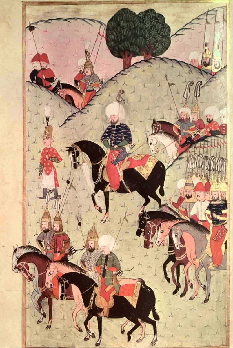 Sokollu Mehmed Pasha exploring the surroundings of Szigetvár. Nüzhet, fol. 22a (3376×5040) — Nüzhet-i Esrârü'l-Ahbâr der Sefer-i Sigetvar minyatürü (Wikimedia Commons)