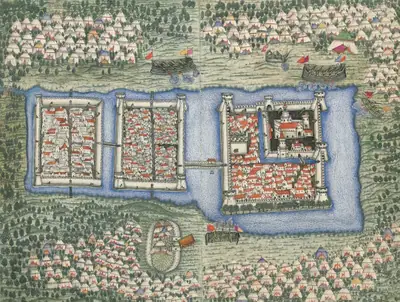 Bird’s-eye view of Szigetvár Castle; Nüzhet, fols. 32b–33a (2166×1638)