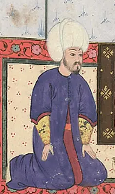 Feridun attending Grand Vizier Sokollu Mehmed Pasha mourning the sultan’s death; Nüzhet, fol. 41a (490×829)