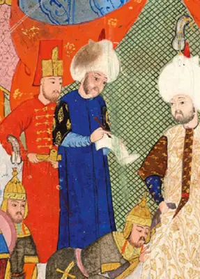Feridun Ahmed Pasha taking notes for Sokollu Mehmed Pasha enthroned. Nüzhetü’l-aḫbār der sefer-i Sīgetvār 1568 (751×1045)