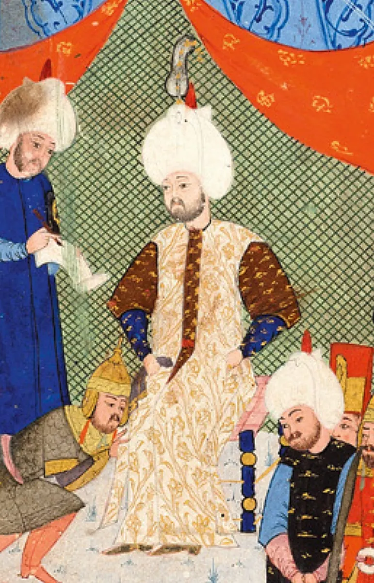 Sokollu Mehmed Pasha enthroned. Nüzhetü’l-aḫbār der sefer-i Sīgetvār 1568–69 (Topkapı Palace Museum Library H  (1314×2046) — Nüzhet-i Esrârü'l-Ahbâr der Sefer-i Sigetvar minyatürü (Wikimedia Commons)