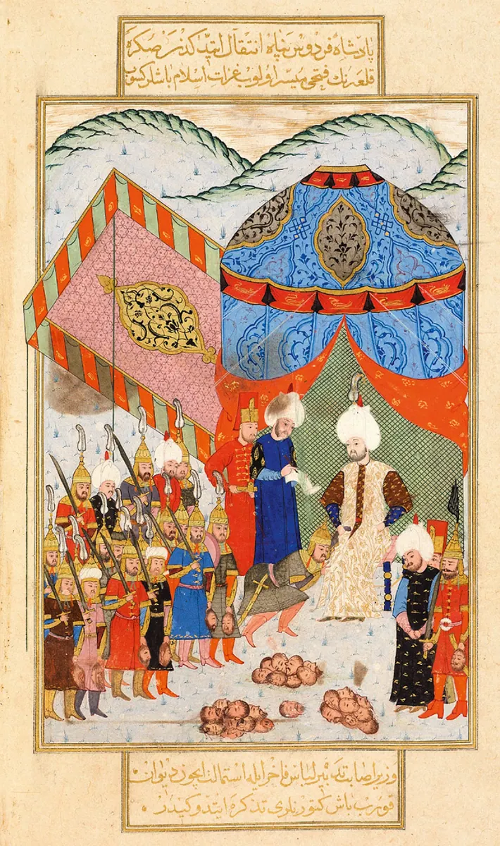 Sokollu Mehmed Pasha’s council the day after Süleyman’s death (Sokollu Mehmed Pasha enthroned). Nüzhetü’l-aḫbā (1644×2778) — Nüzhet-i Esrârü'l-Ahbâr der Sefer-i Sigetvar minyatürü (Wikimedia Commons)