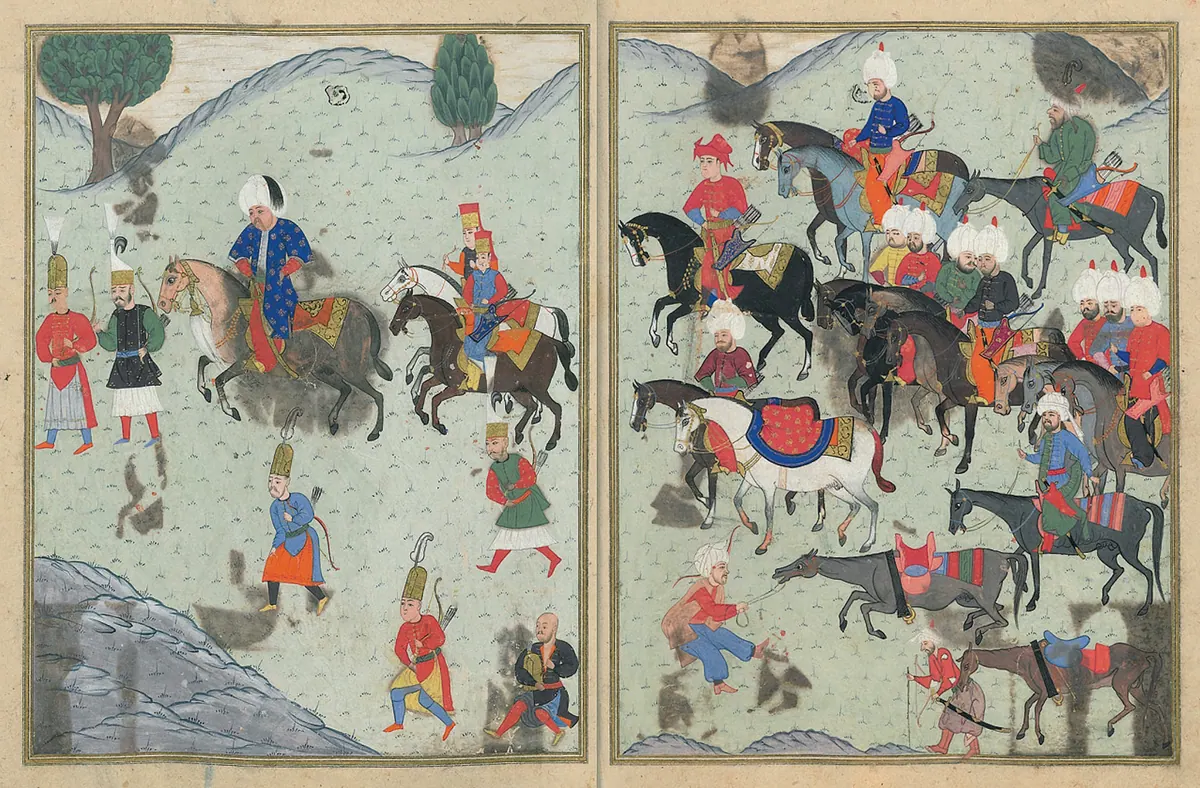 Sultan Selim between Plovdiv (Filibe) and Sofĳia on the way to Szigetvár; Nüzhet, fols. 83b–84a (3266×2144) — Nüzhet-i Esrârü'l-Ahbâr der Sefer-i Sigetvar minyatürü (Wikimedia Commons)