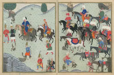Sultan Selim between Plovdiv (Filibe) and Sofĳia on the way to Szigetvár; Nüzhet, fols. 83b–84a (3266×2144)