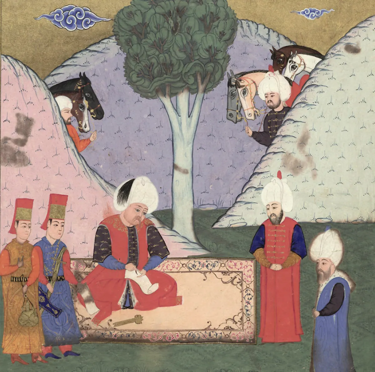 Sultan Selim writing a letter; Nüzhet, fol. 84b (1636×1626) — Nüzhet-i Esrârü'l-Ahbâr der Sefer-i Sigetvar minyatürü (Wikimedia Commons)