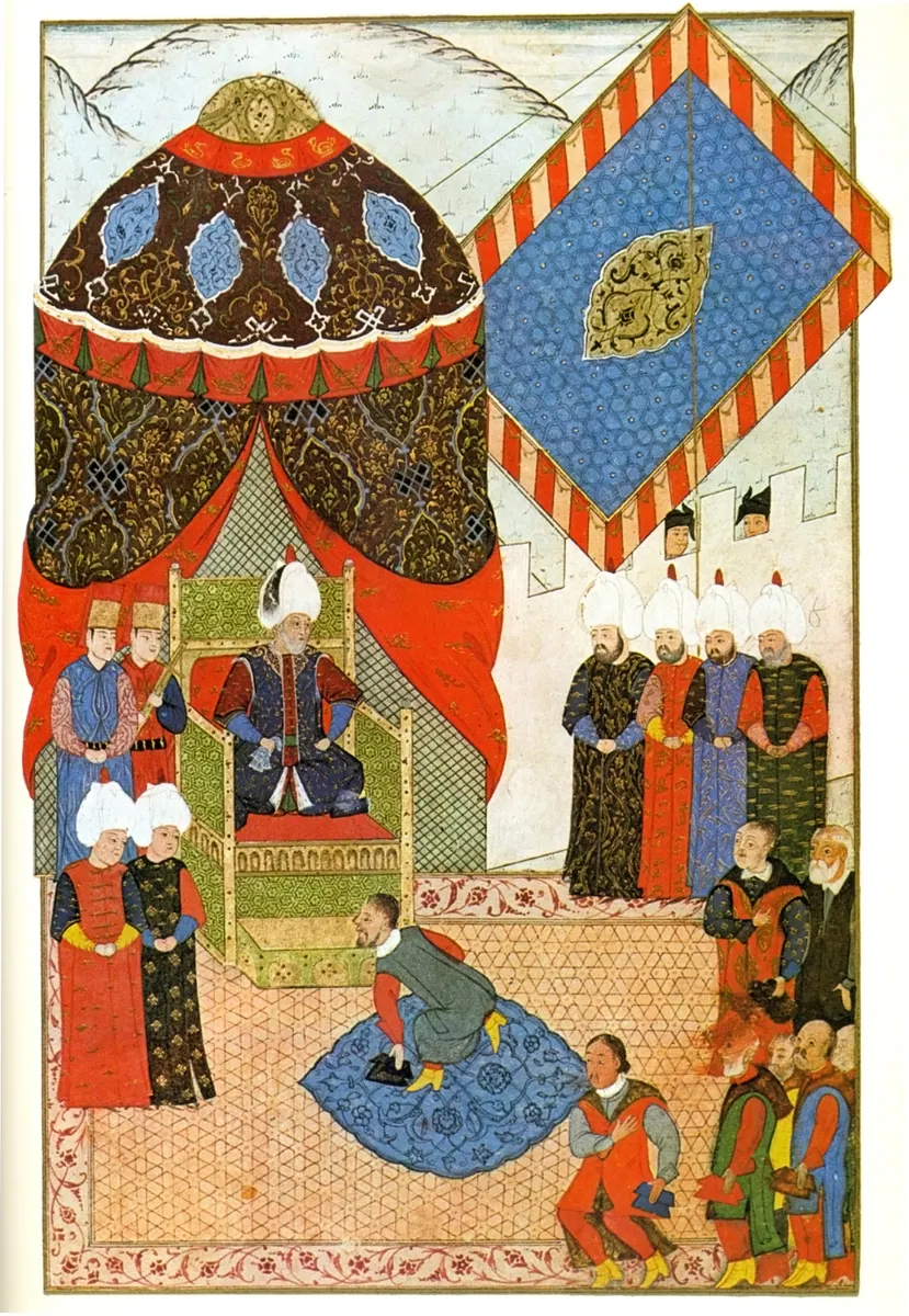 Meeting of I Soliman and János Zsigmond in Zimony, 1566 (2180×3155) — Nüzhet-i Esrârü'l-Ahbâr der Sefer-i Sigetvar minyatürü (Wikimedia Commons)