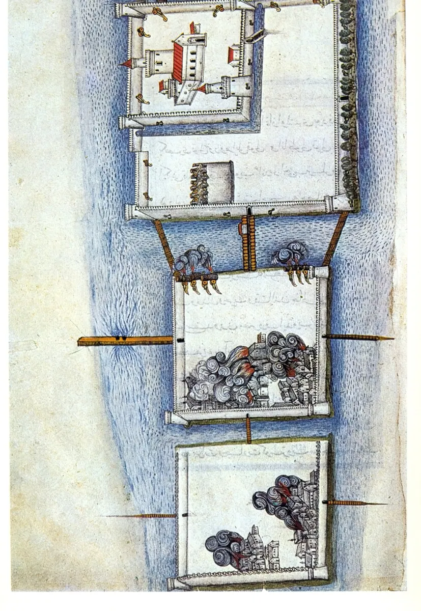 Progress of the siege of Szigetvár (1994×2893) — Nüzhet-i Esrârü'l-Ahbâr der Sefer-i Sigetvar minyatürü (Wikimedia Commons)