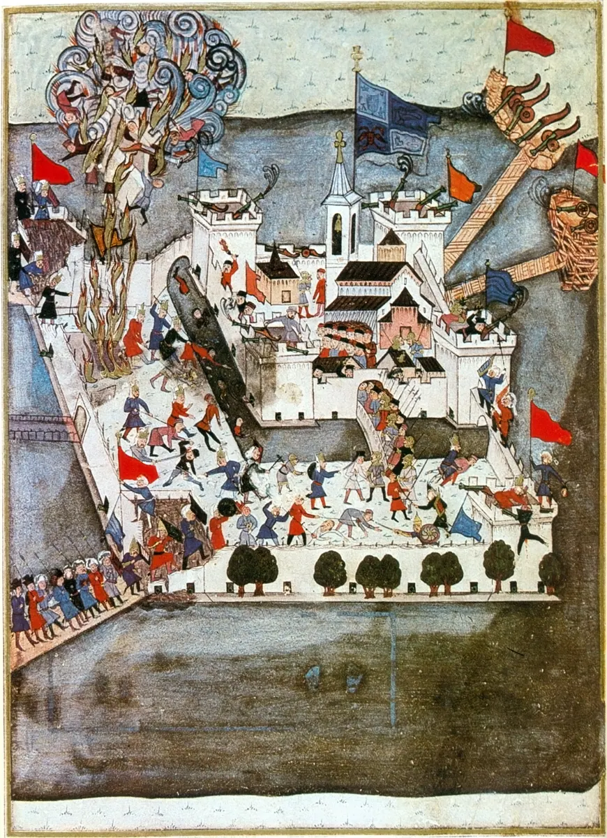 Siege of Szigetvár 1566 B (2239×3090) — Nüzhet-i Esrârü'l-Ahbâr der Sefer-i Sigetvar minyatürü (Wikimedia Commons)