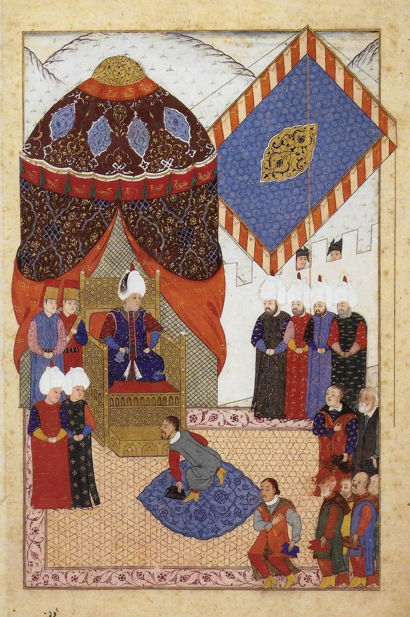 Suleiman I receiving the Transylvanian prince Janos Zsigmond near the town of Zimony in 1566. Painted by Nakka (1768×2658) — Nüzhet-i Esrârü'l-Ahbâr der Sefer-i Sigetvar minyatürü (Wikimedia Commons)