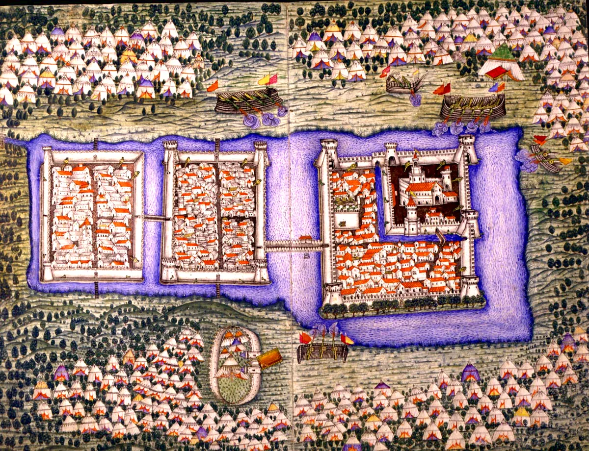 Szigetvár before the siege - A+B (1393×1068) — Nüzhet-i Esrârü'l-Ahbâr der Sefer-i Sigetvar minyatürü (Wikimedia Commons)