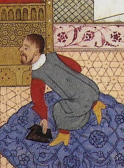 A Transylvanian prince kneeling in front of Suleiman I, near the town of Zimony in 1566. Painted by Nakkaş Osm (412×556) — Nüzhet-i Esrârü'l-Ahbâr der Sefer-i Sigetvar minyatürü (Wikimedia Commons)
