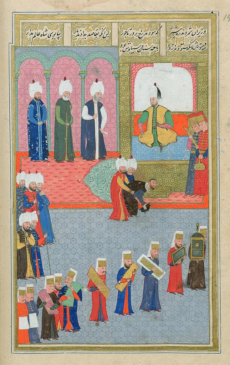 Sultan Murad III Receiving the French Envoy (Jacques de Germigny), fromSeyyid Lokman, Sehinsehname, vol. 1, Is (1904×3012) — Şehinşahnâme I minyatürü (Wikimedia Commons)