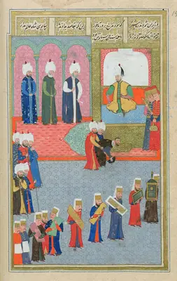Sultan Murad III Receiving the French Envoy (Jacques de Germigny), fromSeyyid Lokman, Sehinsehname, vol. 1, Is (1904×3012)